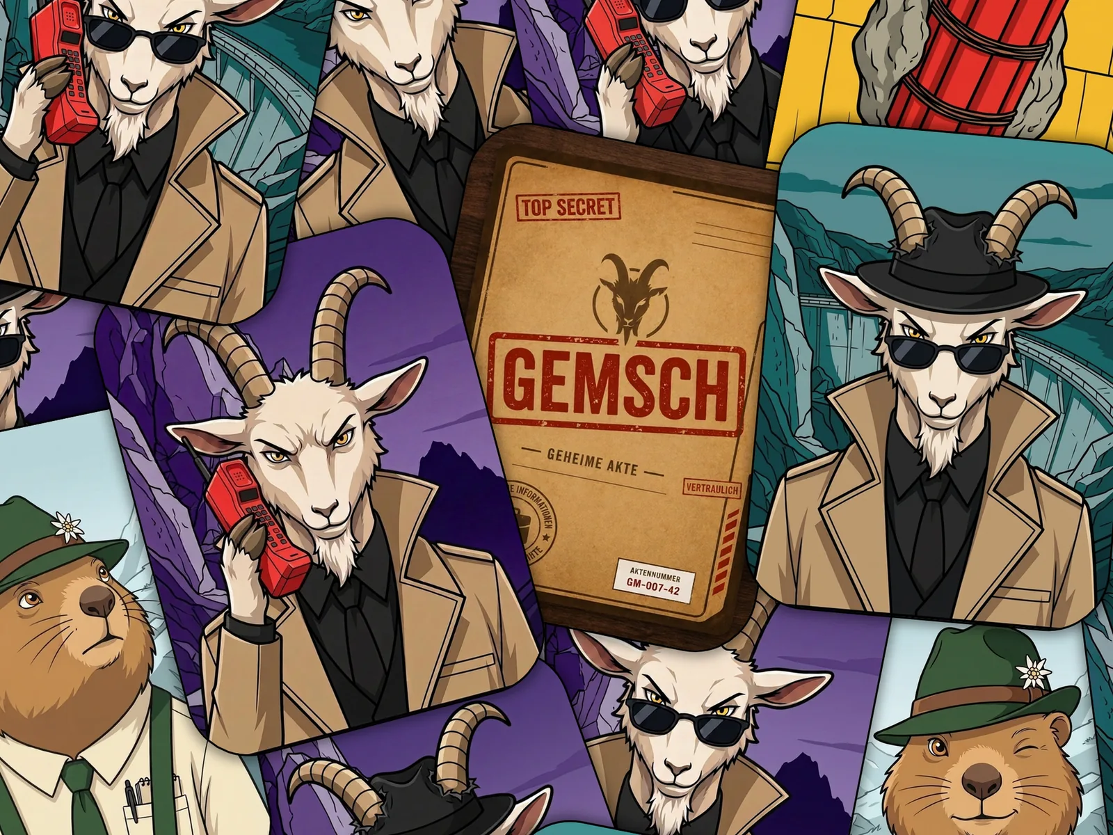 Spielkarten von Gemsch: Gämsen als Geheimagenten mit Hut, Sonnenbrille und rotem Telefon